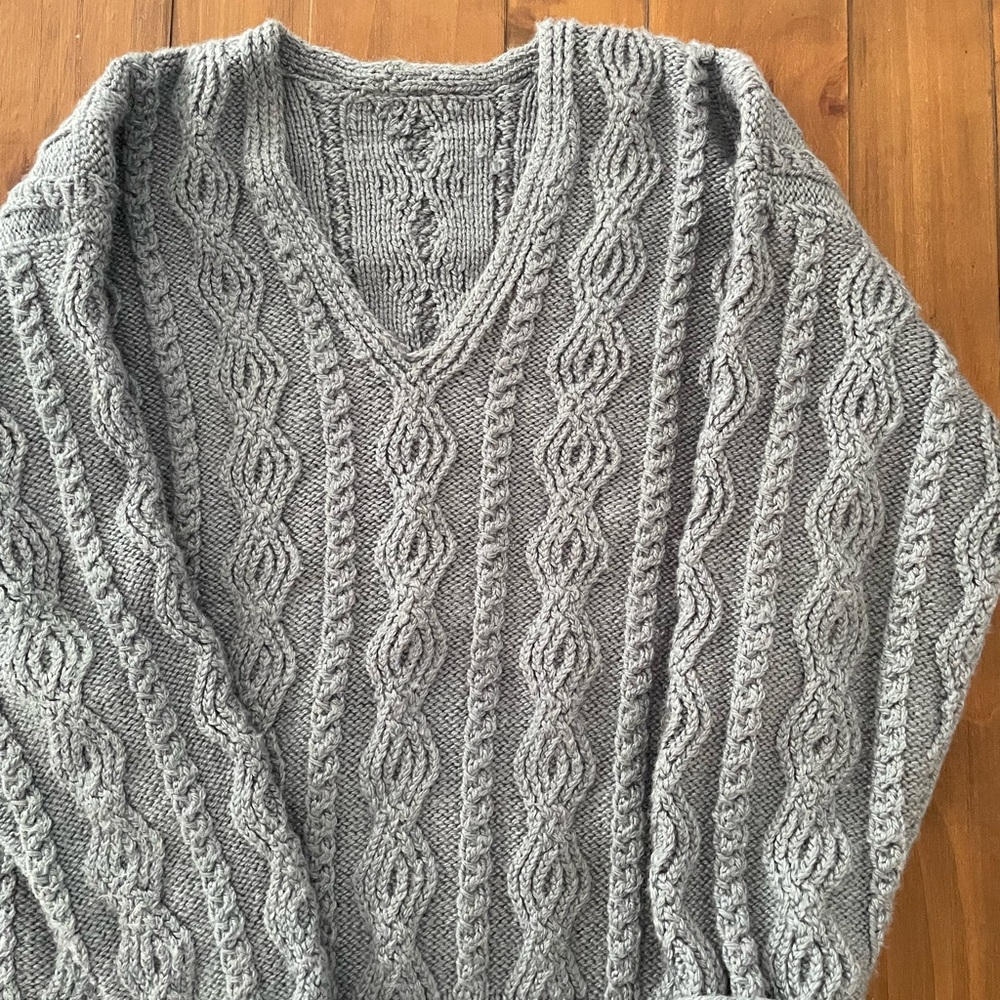 Denim Blue Cable Knit V-Neck Sweater